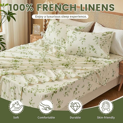 Bedlifes 100% French Linen Sheets Queen Size – Floral Printed, Botanical Pattern Breathable Cooling Sheet Set, 16" Deep Pocket, 4-Piece (Queen, Floral Green)