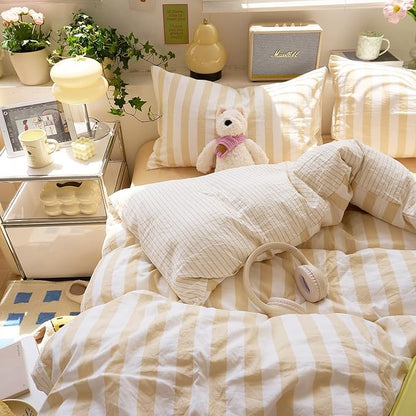 EAVD Beige Striped Duvet Cover King Soft Washed Microfiber Striped Reversible Bedding Set with 2 Pillowcases Modern Farmhouse Geometric Pattern Duvet Cover with Zipper Closure