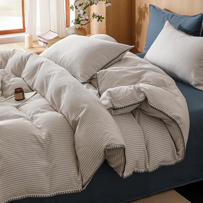 VM VOUGEMARKET Grey Blue Striped Duvet Cover King Yarn Dyed Muslin Cotton Duvet Cover with Embroidered Edge Super Soft Cozy Bedding Set for Men Women,King Size