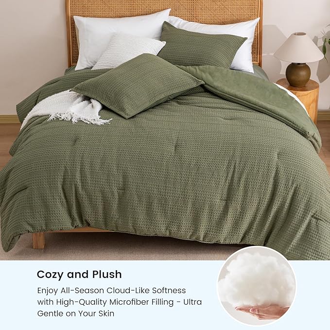 PHF Soft Waffle Comforter Set Queen Size- Comfy Breathable Waffle Weave Comforter with 2 Pillow Shams, 3 Pieces Less Snagging Lightweight Textured Bedding Set for All Season, Olive Green
