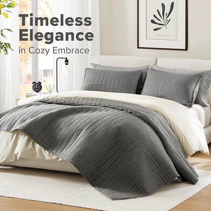 Comfort Spaces Charcoal Oversized Queen Quilt Set 102"x118" Bedspread Quilted Summer Lightweight Microfiber Bedding Coverlet with Double Sided Stitching Soft All Season 3 Piece with Matching Shams