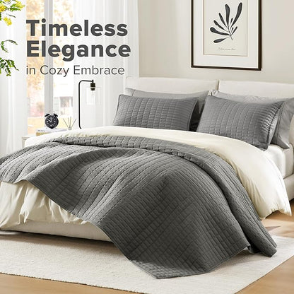 Comfort Spaces Charcoal Oversized Queen Quilt Set 102"x118" Bedspread Quilted Summer Lightweight Microfiber Bedding Coverlet with Double Sided Stitching Soft All Season 3 Piece with Matching Shams