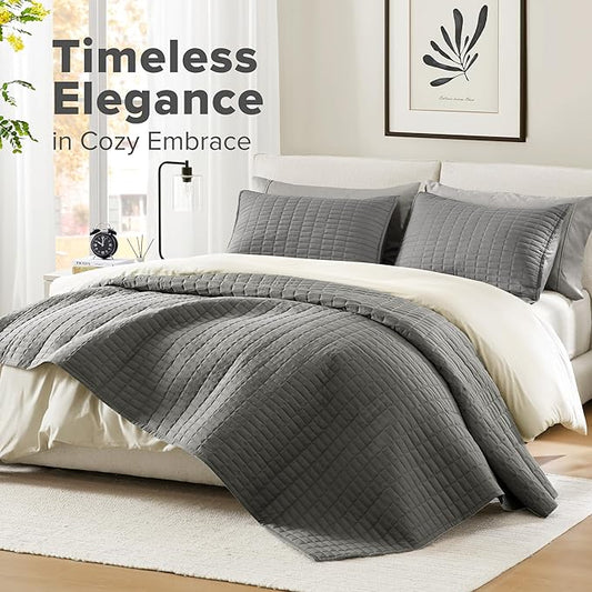 Comfort Spaces Charcoal Oversized Queen Quilt Set 102"x118" Bedspread Quilted Summer Lightweight Microfiber Bedding Coverlet with Double Sided Stitching Soft All Season 3 Piece with Matching Shams