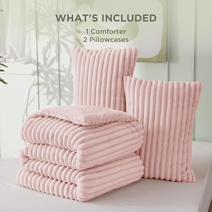 Bedsure Comforter Set Queen Size - GentleSoft™ 3 Pieces Double-Side Fleece Fluffy Pink Comforter Set, Cozy Striped Room Decor Aesthetic, Luxury Bedding Queen Size, 2 Pillowcases, 90x90 Inches