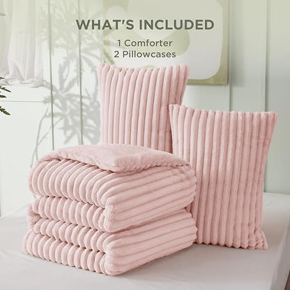 Bedsure King Comforter - GentleSoft™ 3 Pieces Double-Side Fleece Fluffy Pink Comforter Set, Cozy Striped Room Decor Aesthetic, Luxury King Size Bedding with 2 Pillowcases, 104x90 Inches