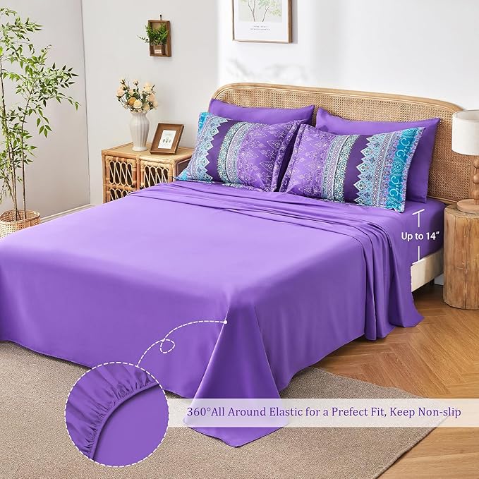Boho Comforter Set King Size Purple - 7 Pieces Bohemian Floral Striped Comforter and Sheet Set, Lightweight Bed in a Bag Complete Bedding Sets King Size for All Season (Purple,King)