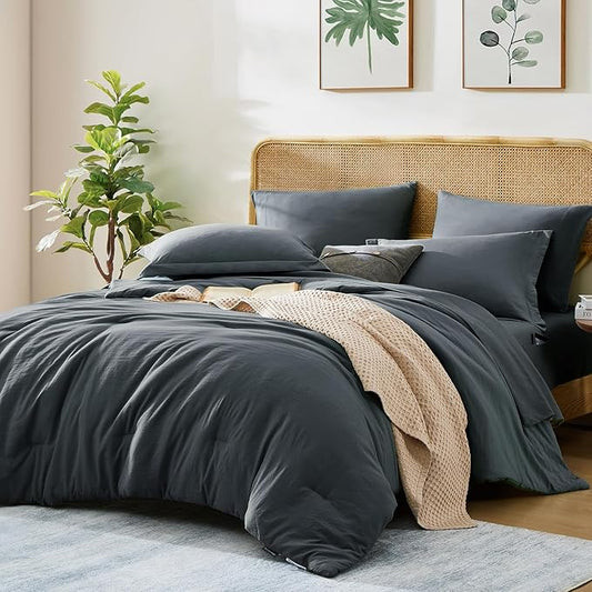 WRENSONGE Full Size Comforter Set- 7 Pieces Blue Grey Bed in a Bag Full Size Comforter with Fitted Sheet, Flat Sheet, 2 Pillow Shams, 2 Pillowcases, Warm Bedding Sets for All Season