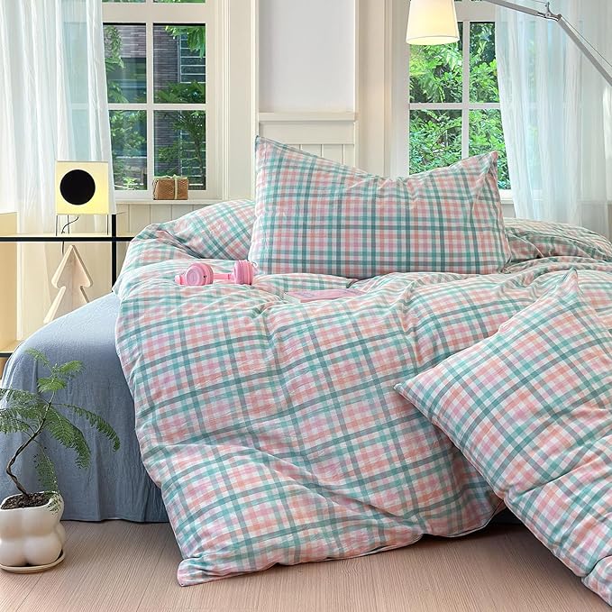 LifeTB Queen Comforter Set Multi-Colored Gingham Comforter Modern Style Checkered Pattern Comforter Set Colorful Grid Plaid Bedding Comforter Fluffy Soft Lightweight Grid Bedding Set Breathable