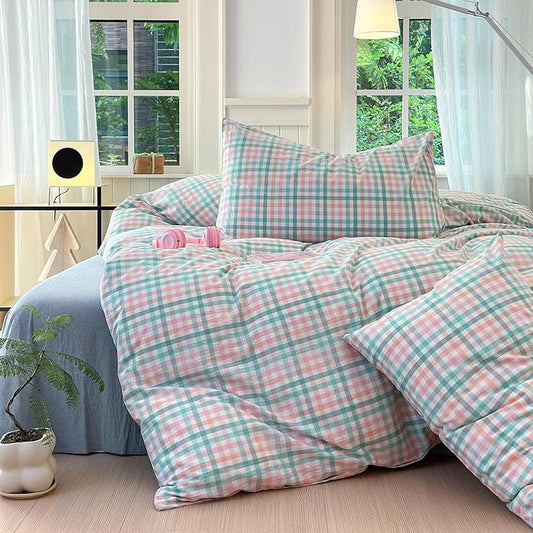 LifeTB Queen Comforter Set Multi-Colored Gingham Comforter Modern Style Checkered Pattern Comforter Set Colorful Grid Plaid Bedding Comforter Fluffy Soft Lightweight Grid Bedding Set Breathable