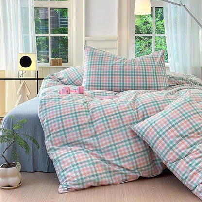 LifeTB Gingham Comforter Set Twin XL Multi-Colored Plaid Comforter Set 3 Pieces Checkered Grid Comforter with 2 Pillowcases Soft Fluffy Gingham Bedding Set Farmhouse Grid Bed Comforter Twin XL