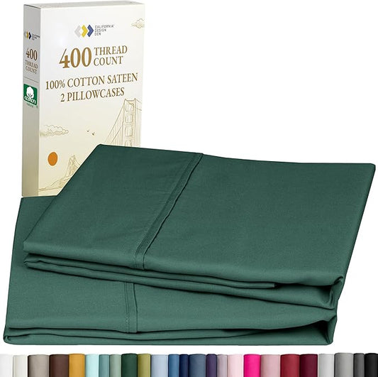 California Design Den Standard Queen Size Pillowcase Set - 400 Thread Count, 100% Cotton Sateen, Set of 2 Pillow Covers, Soft and Breathable - Hunter Green
