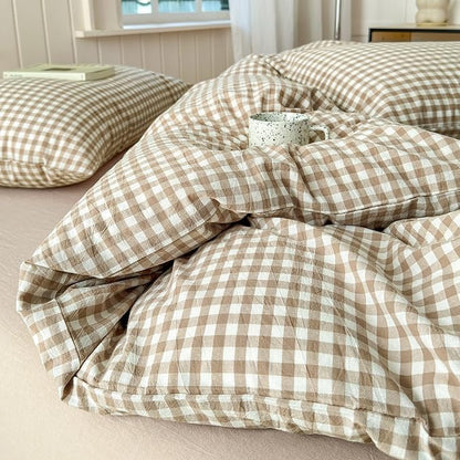 Tan Plaid Gingham Duvet Cover King 3 Pieces Checkered Grid Duvet Cover 100% Washed Cotton Beige Plaid Comforter Cover with Zipper Closure 2 Pillowcases Luxury Soft Gingham Bedding Set Breathable