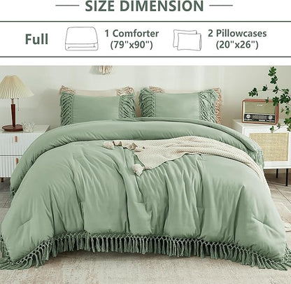 Andency Full Size Comforter Set Sage Green, 3 Pieces Boho Tassel Lightweight Vintage Soft Bedding Comforter Sets, All Season Fluffy Fringe Bed Set (79x90In Comforter & 2 Pillowcases)