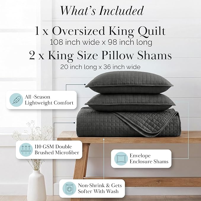 Southshore Fine Living, Inc. Oversized Quilt King Size Set, Grey Bed Spread King Size with 2 Matching Pillow Shams, Microfiber Quilted Comforter Bed Coverlet, Bedspread Set, Slate Grey Quilt