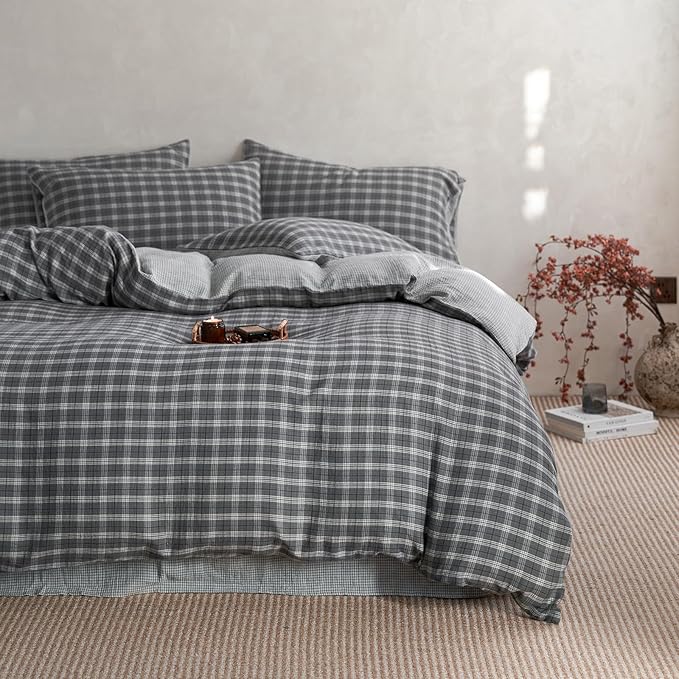 EAVD Vintage Style Grey Plaid Gingham Duvet Cover Twin Soft 100% Cotton Muslin Grey Grid Checkered Bedding Set with 2 Pillowcases Reversible Plaid Duvet Cover with Zipper Closure