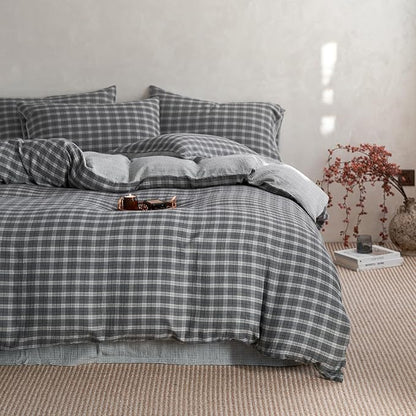 EAVD Vintage Style Grey Plaid Gingham Duvet Cover Queen Soft 100% Cotton Muslin Grey Grid Checkered Bedding Set with 2 Pillowcases Reversible Plaid Duvet Cover with Zipper Closure