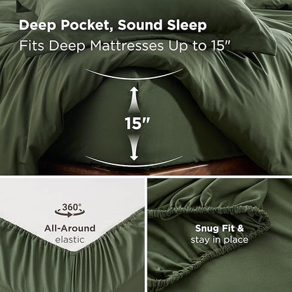 Bedsure Duvet Cover with Fitted Sheet Queen - Cooling Deep Pocket, Hotel Luxury Soft Double Brushed Bedding Set with Zipper Closure, 1 Duvet Cover, 1 Fitted Sheet, 2 Pillow Shams, NO Comforter, Green