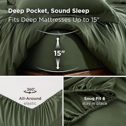 Bedsure Duvet Cover with Fitted Sheet Queen - Cooling Deep Pocket, Hotel Luxury Soft Double Brushed Bedding Set with Zipper Closure, 1 Duvet Cover, 1 Fitted Sheet, 2 Pillow Shams, NO Comforter, Green