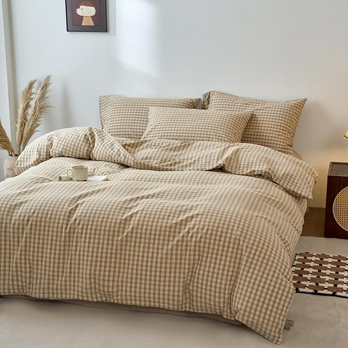 LifeTB Brown Gingham Duvet Cover Grid Bedding Set King 100% Washed Cotton Vintage Plaid Checkered Comforter Cover 3 Piece Beige Tan Plaid Duvet Cover Linen Feel Farmhouse Gingham Bedding Set King