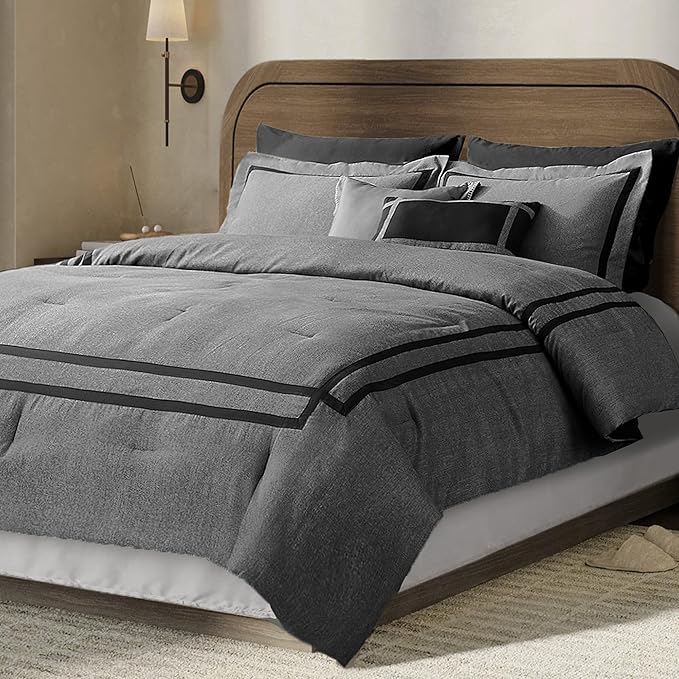 Wonderful Hotel Comforter Set King 8-Piece Gray Hydro-Brushed Wooly Feel Modern Luxury Bedding Comforter with Matching Fitted Sheet,Flat Sheet,Pillow Sham,Decorative Pillows for All Seasons