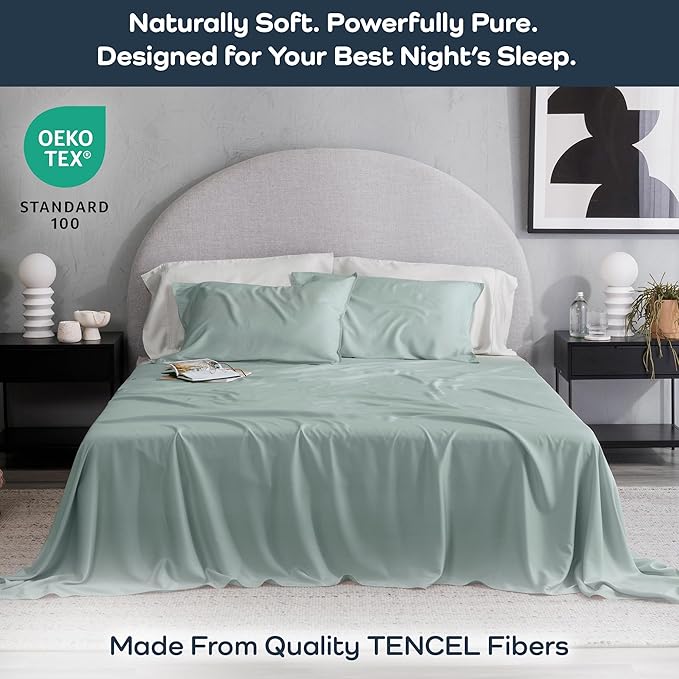 Olive + Crate Tencel Lyocell Eucalyptus Full Sheet Set - Cooling Tencel Sheets for Hot Sleepers with 16 Inch Deep Pocket Fit - Double Bed Sheets - Eucalyptus 4-Piece Set