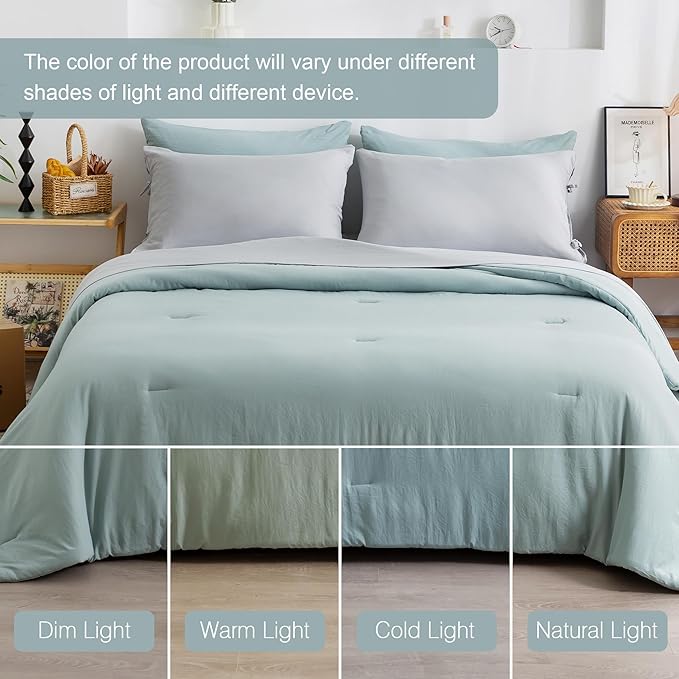 COTTEBED Super Soft King Bedding Sets with Comforter and Sheets - 7 Pieces King Bed in A Bag Modern Farmhouse Boho Washed Polycotton Sage Green Comforter and Grey Sheet Set Pillowcase Sham All Season