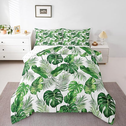 Erosebridal Palm Leaves Comforter Set Hawaiian Bedding Set Monstera Banana Leaves Down Comforter King Size Summer Tropical Leaves Quilt Set Green White Lightweight 3Pcs Bedroom Decor