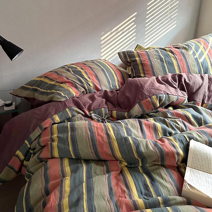 mixinni Vintage Striped Duvet Cover Set Full Size - 3 Piece 100% Washed Cotton Bedding Set, Soft & Breathable, Colorful Striped Pattern Printed Comforter Cover for All Seasons
