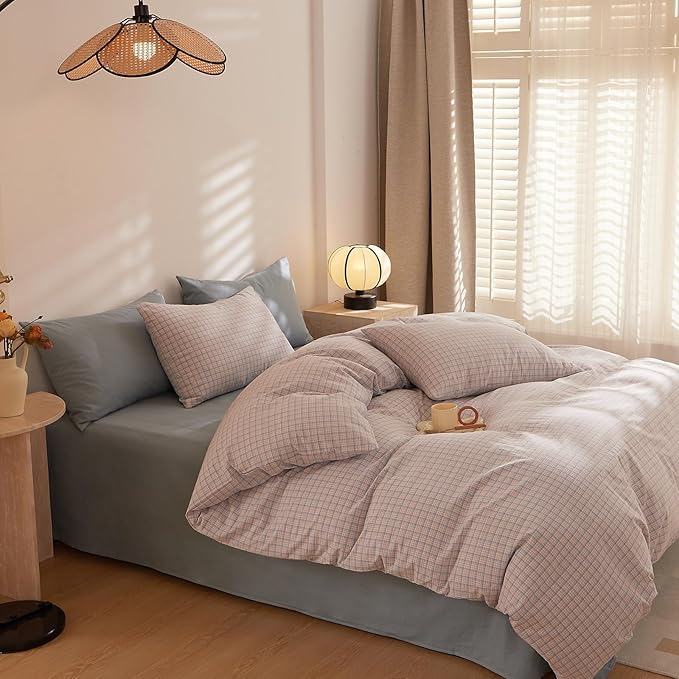 EAVD Pink Blue Grid Plaid Comforter Set Queen Soft Gingham Comforter Set 3 Pieces Modern Style Grid Checkered Pattern Bedding Set with 2 Pillowcases Reversible Gingham Bedding Set for All-Season