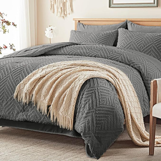 Zzlpp King Comforter Set 7 Pieces, Dark Grey Tufted Bed in a Bag with Comforter and Sheets, All Season Boho Bedding Sets with Comforter, 2 Pillow Shams, 2 Pillowcases, 1 Flat Sheet, 1 Fitted Sheet