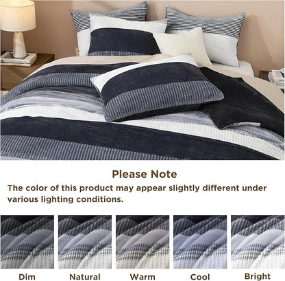 Litanika Fluffy Fleece Twin Comforter Set, Luxury Soft Plush Fuzzy Dark Grey Stripe Bedding Comforter Sets, Warm Shaggy Faux Fur Bed Set All Season (1 Comforter, 1 Pillowcase)