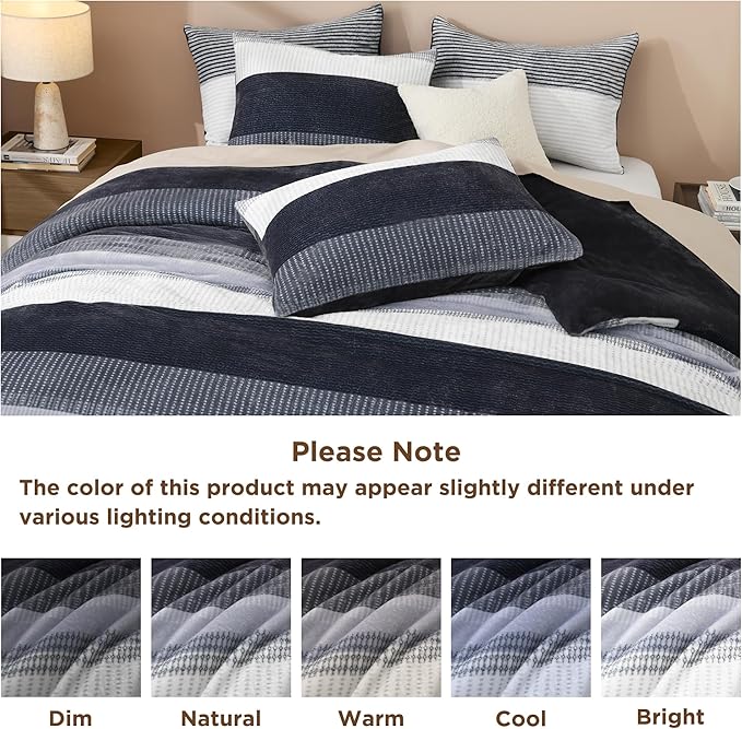 Litanika Fluffy Fleece Queen Comforter Set, Luxury Soft Plush Fuzzy Dark Grey Stripe Bedding Comforter Sets, Warm Shaggy Faux Fur Bed Set All Season (1 Comforter, 2 Pillowcases)