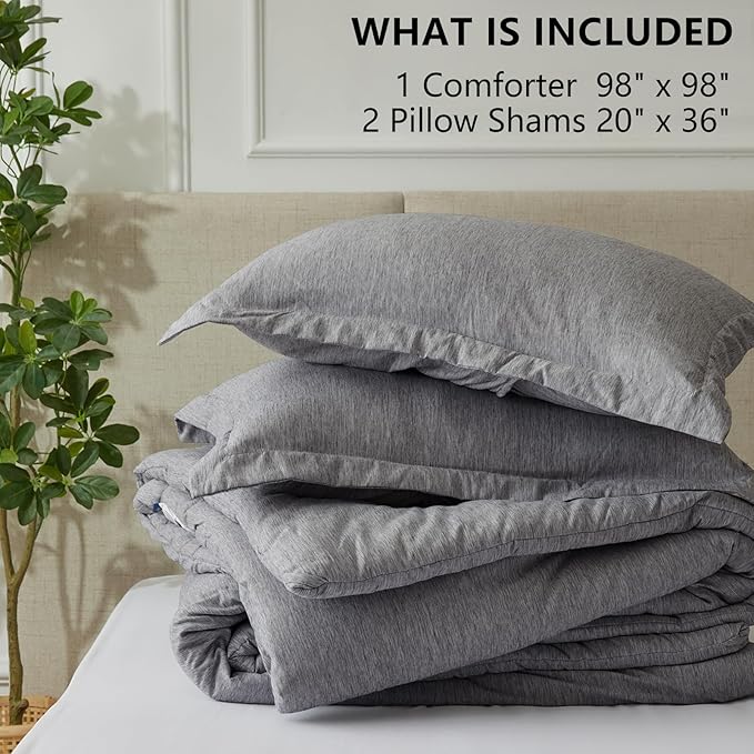 CozyLux Oversized Queen Comforter Set, 3 Pieces 98x98 Grey Soft Luxury Cationic Dyeing Bedding Set All Season, Gray Breathable Lightweight Bed Sets with 1 Down Alternative Comforter and 2 Pillow Shams