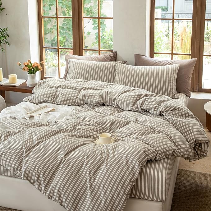 Luxury 100% Washed Cotton Linen Like Duvet Cover Set,3 Pcs Striped Trendy Bedding with Zipper Closure(Linen Grey,Twin)