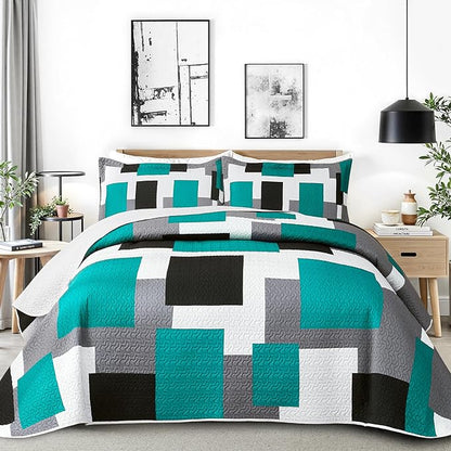 3 Piece Teal/Turquoise Quilt Set Full/Queen Size Black Grey Geometric Reversible Bedding Set Microfiber Lightweight Bedspread Coverlet with 2 Shams Modern Bed Covers for All Season, 90''x96''