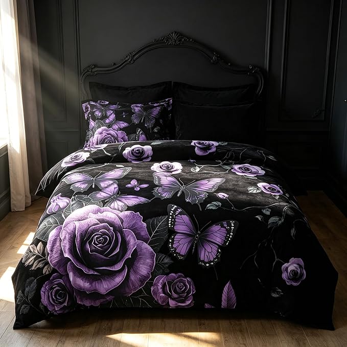 Vintage Floral Comforter Set Queen Size, Black Black Red Floral Bedding Set for Gothic Bedroom Decor, 3 Pieces Soft Microfiber Lightweight Comforter Set with 2 Pillowcases, 90"x90"