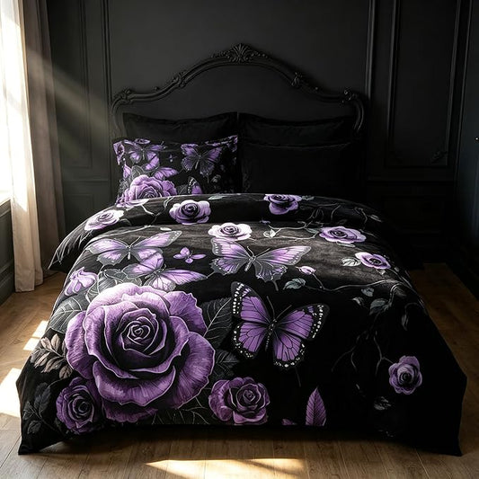 Black Vintage Comforter Set Twin Size, Black Red Floral Bedding Set for Gothic Bedroom Decor, 2 Pieces Soft Microfiber Lightweight Comforter Set with 1 Pillowcase, 68"x86"