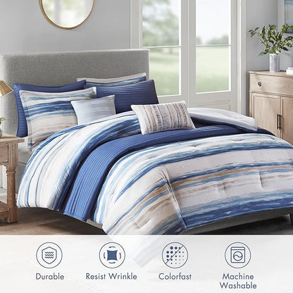 Madison Park Marina Comforter Quilt Combo Set - Modern Luxury Design, All Season Down Alternative Bedding, Matching Shams, Decorative Pillows, King/Cal King(104"x92") Seersucker Blue 8 Piece
