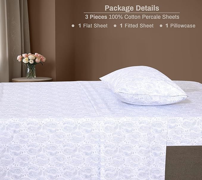 ZOYER 100% Cotton Sheets – Twin XL Size Percale Bedding, Cooling & Breathable, Durable with a Crisp, Soft & Comfortable Feel, 16" Deep Pocket, 3-Piece Set, Paisley Imprint