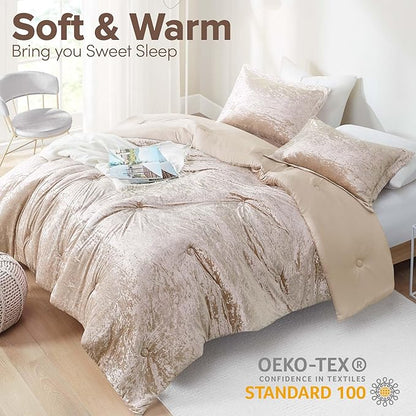 Comfort Spaces Luxe Queen Comforter Set Velvet Comforters for Queen Size Bed, Microfiber Reverse, Juliette, All Season Velvet Bedding Queen Size, Fluffy Bed Set, Sham, Full/Queen, Champagne 3 Piece
