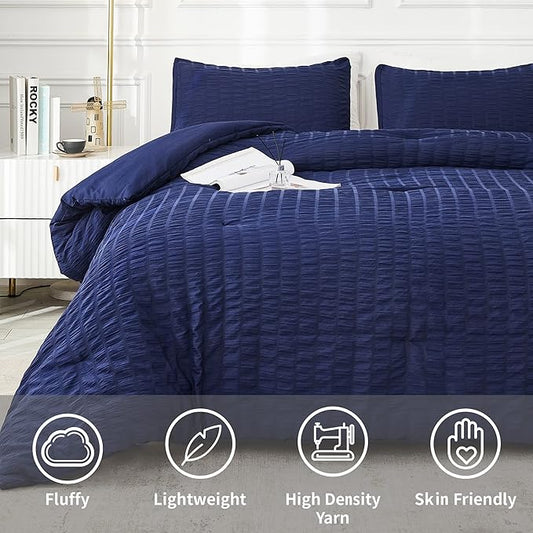 AveLom Seersucker Queen Comforter Set (90x90 inches), 3 Pieces - 100% Soft Washed Microfiber Lightweight Comforter with 2 Pillowcases, All Season Down Alternative Comforter Set for Bedding, Navy