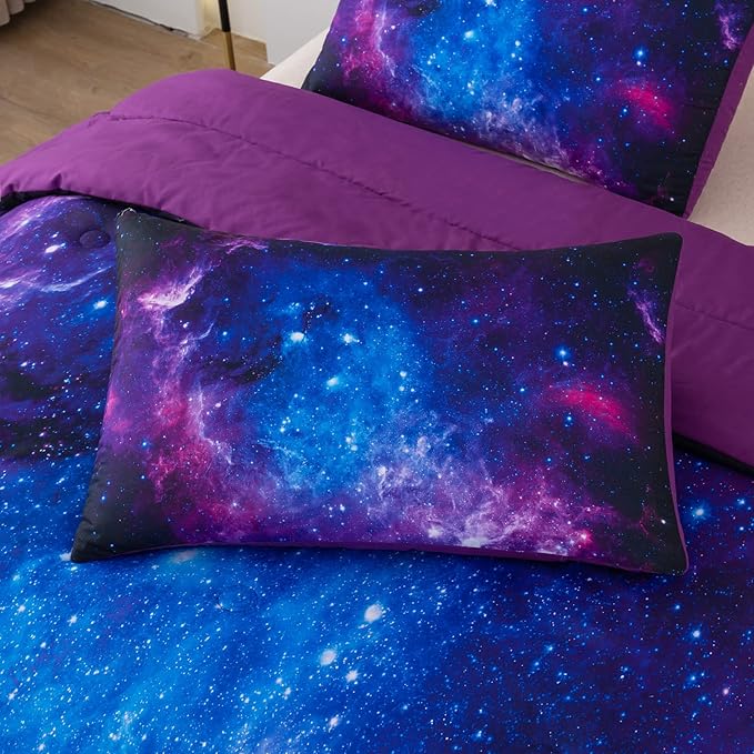 NINENINE King Size Comforter Purple Bed Set for Teen Kids Girls Galaxy Bedding Sets Printed with 1 Comforter 2Pillowcases……