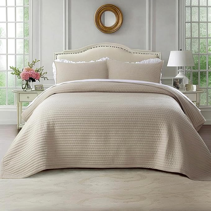 KASENTEX King XL Quilt Set 108"x98" – Soft Washed 3-Layer Lightweight Bedspread,Minimalist Nordic Design, All-Season Spring & Summer Quilt Set (1 Quilt + 2 Pillow Shams),Light Taupe