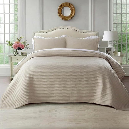 KASENTEX Queen XL Quilt Set 98"x98" – Soft Washed 3-Layer Lightweight Bedspread, Minimalist Nordic Design, All-Season Spring & Summer Quilt Set (1 Quilt + 2 Pillow Shams),Light Taupe