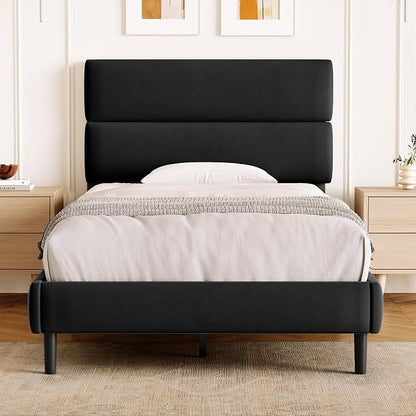 GRUSIGN Twin Size Platform Bed Frame with Velvet Headboard, Adjustable Height Wooden Slats Support, Upholstered Mattress Foundation, Fits Mattress or Mattress with Box Spring, Easy Assembly, Black