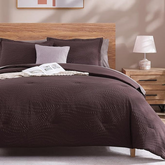 Geniospin King Comforter Set - 7 Pieces Purple Bedding Set, Botanical Textured Comforter Set, All Season Comfortable Bed in a Bag with Comforter, Sheets, Pillowcases & Shams