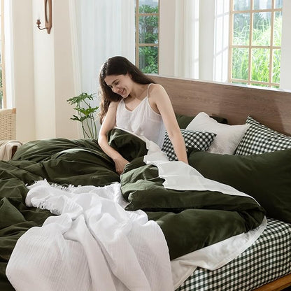 MooMee Bedding Duvet Cover Set 100% Washed Cotton Linen Like Textured Breathable Durable Soft Comfy (Solid Olive Green, Queen 90"x90")
