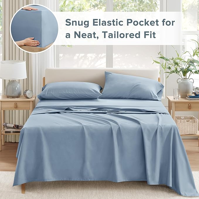 Comfort Spaces 100% Cotton Sheet Set Breathable, Lightweight, Soft with 14" Elastic Pocket Fits up to 16" Mattress, All Season Cozy Bedding, Matching Pillow Case, Queen Blue 4 Piece