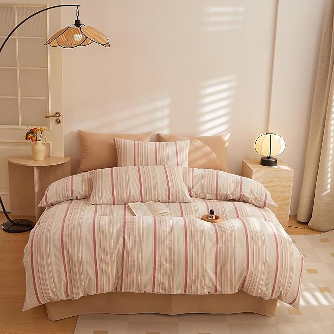 Brown Striped Full Comforter Set Boho Down Alternative Bedding Set Fluffy Washed Cotton Soft Bedroom Bedding Comforter Sets Rustic All Season Cute Cozy Bed Comforter with 2 Pillowcases