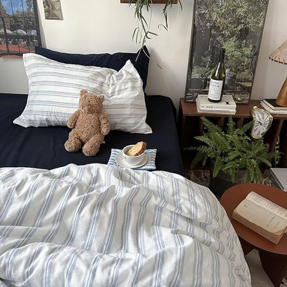 MKXI King Size Duvet Cover Set - 100% Washed Cotton Blue & White Striped Bedding, Soft & Breathable 3-Piece Set with Zipper Closure & Corner Ties, Modern Coastal Vintage Style